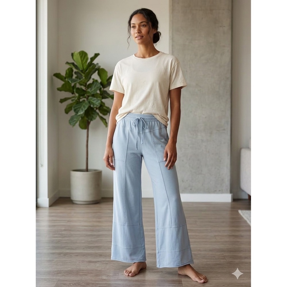 Rae Mode Women Cotton Blend Pants Siz L Light Blue Wide Leg Lounge Elastic Waist